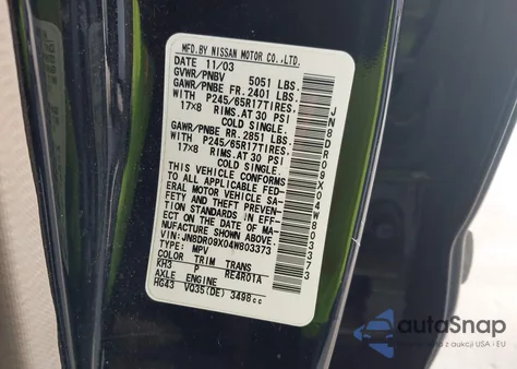 2004 Nissan Pathfinder Le Platinum z USA, uszkodzony, nr VIN JN8DR09X04W803373